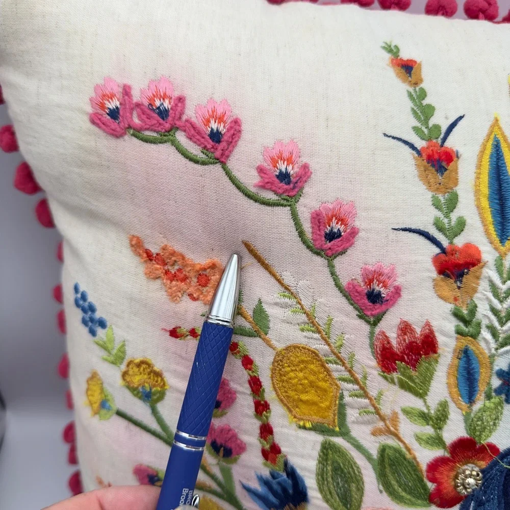Set of 2 Embroidered Peacock Floral Throw Pillows Pink Pom Pom Trim 16x16 Boho